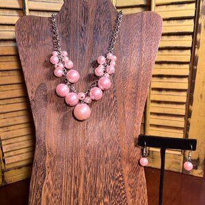 Pink and Silvertone Beaded Cha Cha Necklace and Earring Set